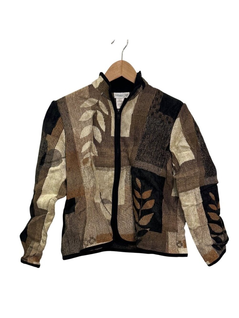 Coldwater Creek Womens Tapestry Patchwork Zip-Up Jacket PXS Brown Leaf Motif